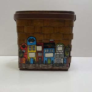 Vintage Caro Nan Wood Woven Basket Purse w/Painted Town City 60-70's Signed